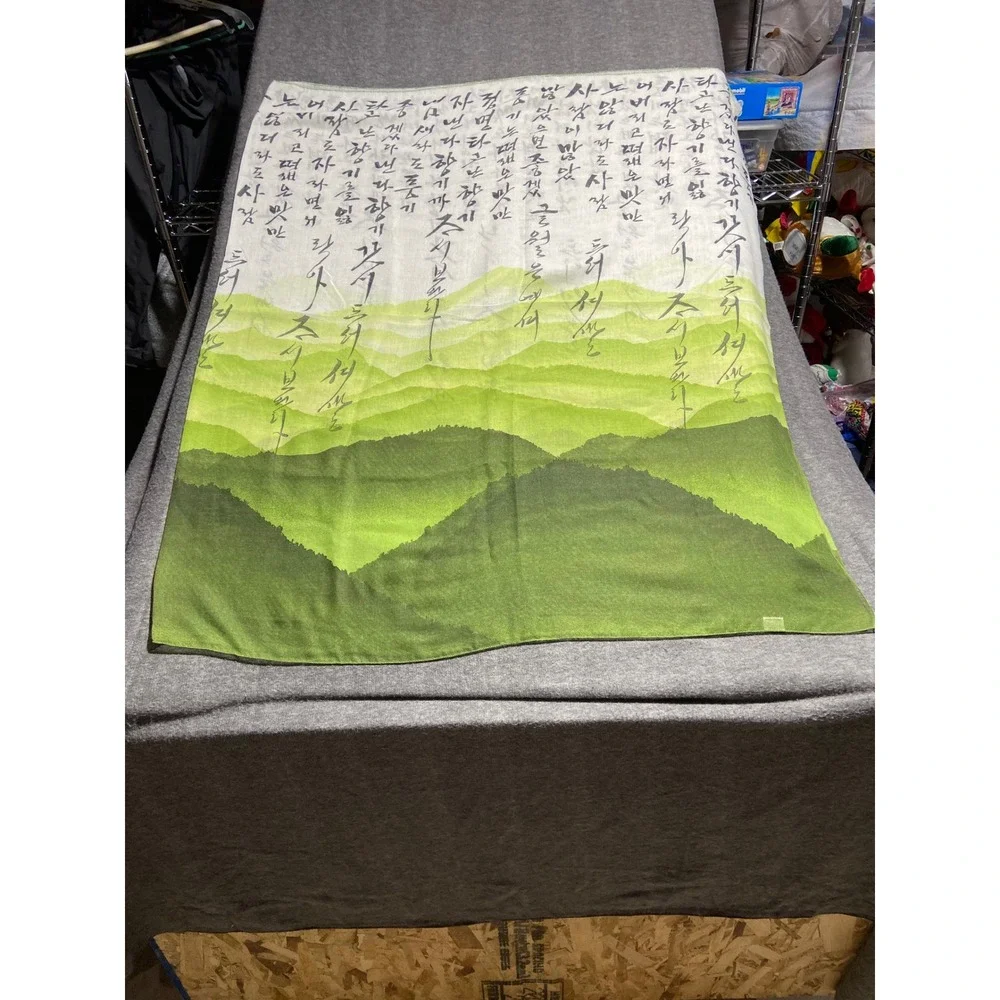 Korean Hangeul Poem Scarf Calligraphy Mountain Landscape Print Sheer Wrap 84x74